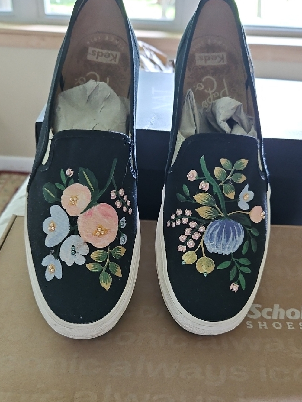 Keds Black Slip-On Mules with Hand-Painted Floral Artwork